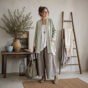 NWT Solitaire Sage Embroidered Open Front Duster Jacket Size S Boho Lagenlook